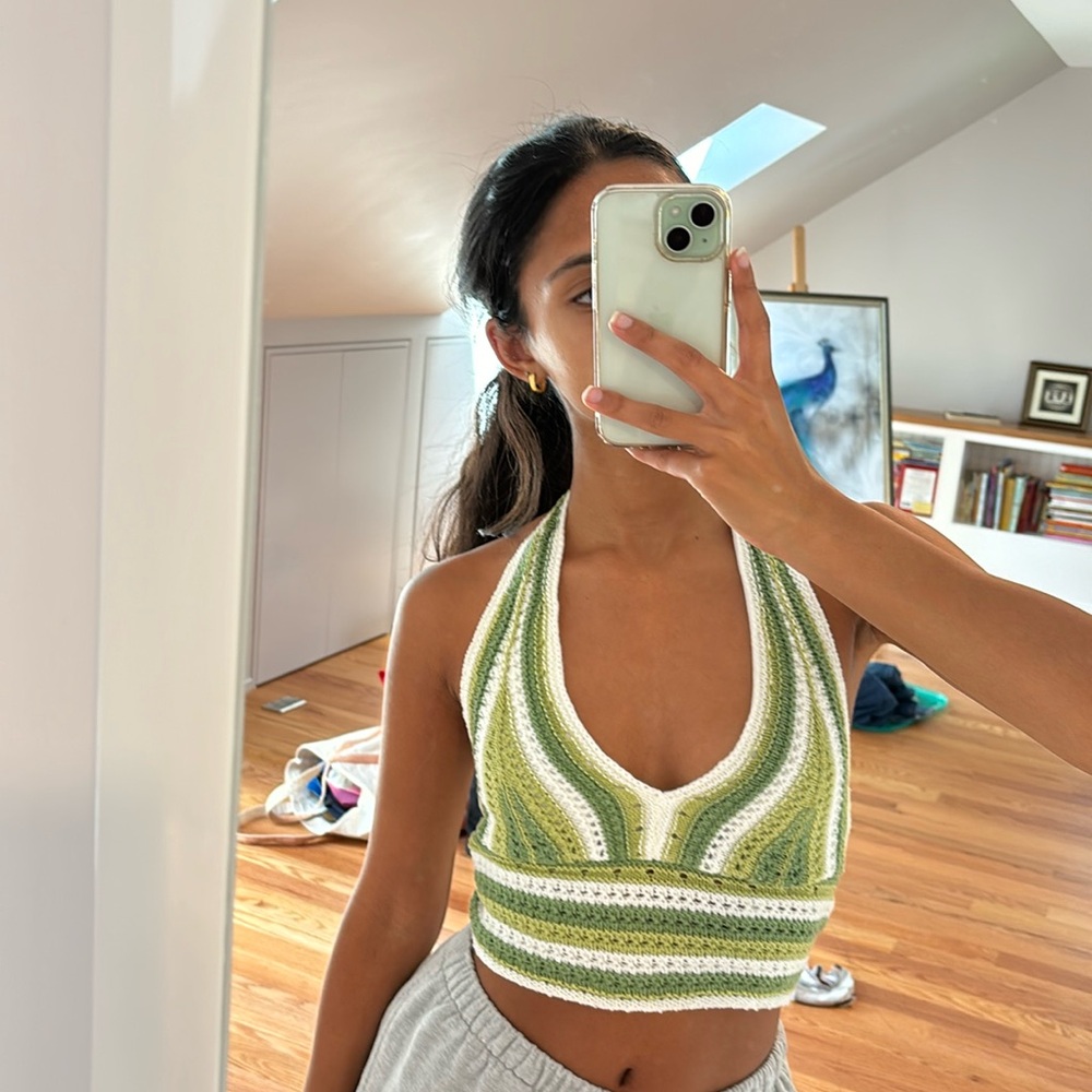 Hollister Green and White Crochet Halter Top